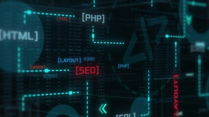 diagram animation, web design and development concept, abstract grid with technical terms (3d render)     - Powered by Adobe