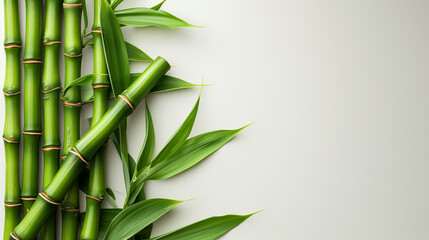 Obraz premium Fresh bamboo shoots delicately captured against a simple white backdrop, highlighting their natural beauty and culinary potential. Clean and minimalist composition for a serene aesthetic.
