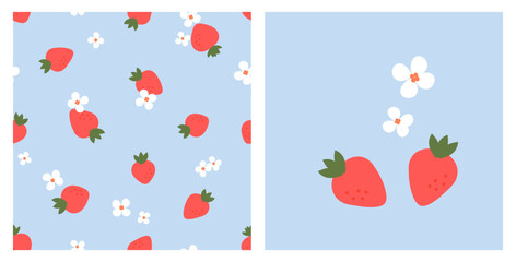 Seamless pattern with strawberry and cute flower on blue background vector illustration. - obrazy, fototapety, plakaty