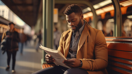 Afroamerican man sitting on platform on bench and reading a newspaper - obrazy, fototapety, plakaty