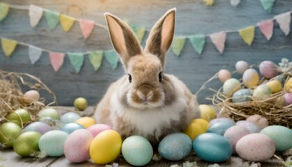 Easter Bunny: A cute and fluffy Easter bunny surrounded by pastel-colored eggs.