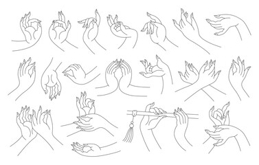 Set of outline hands. Buddha hands, gestures, religious buddhist symbols. 