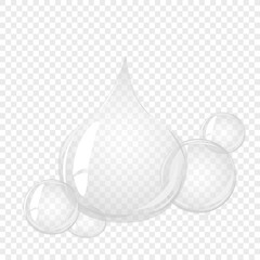 Transparent water bubble. Soap bubble, crystal glass ball. Beauty product, moisture, skincare transparent bubbles top view, scatter splashes