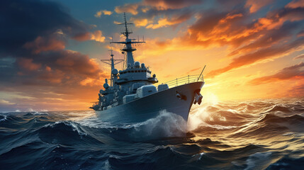Military navy ships in a sea,  heavy cruiser sailing in rough seas at sunset,