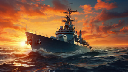 Military navy ships in a sea,  heavy cruiser sailing in rough seas at sunset, - obrazy, fototapety, plakaty