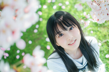 桜の木下でお花見をする女子高生