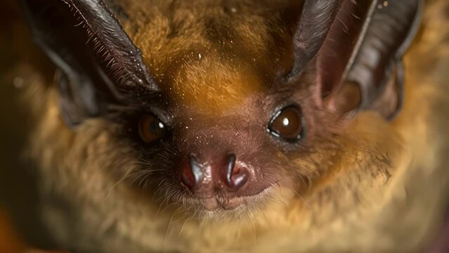 Closeup of a bats face with dull sunken eyes and thinning fur. Whitenose syndrome not only affects the external features of the bat but also weakens its immune system an