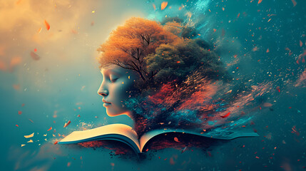 World Poetry Day, 21 March, Girl Head Create With Trees On Book, World Book Day, Women Day, Generative Ai - obrazy, fototapety, plakaty