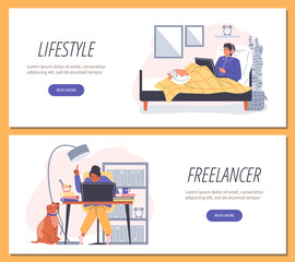 Freelance lifestyle benefits, freelancer working relaxed on laptop lying on the bed with pet, vector landing page set