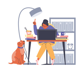Female freelancer works remotely at home, flat vector illustration isolated.