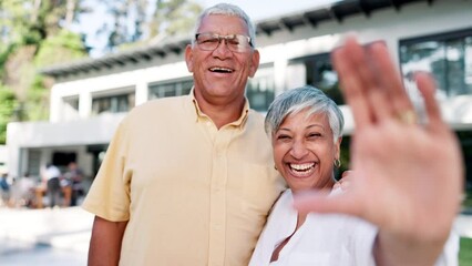 Selfie, outdoor and senior couple with love, smile and post with social media and relationship. Portrait, old man and mature woman in a garden, summer and travel with weekend break and retirement