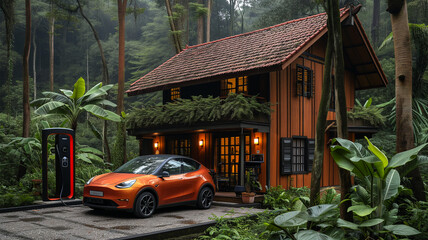 Fototapeta premium An Ai generative image of old wooden house with electirc car and EV charging station insight
