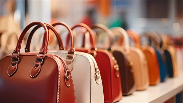 Detailed shot of a row of designer handbags in various shapes and sizes.