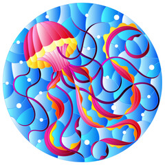 Illustration in stained glass style with abstract pink  jellyfish against a blue sea and bubbles, round image