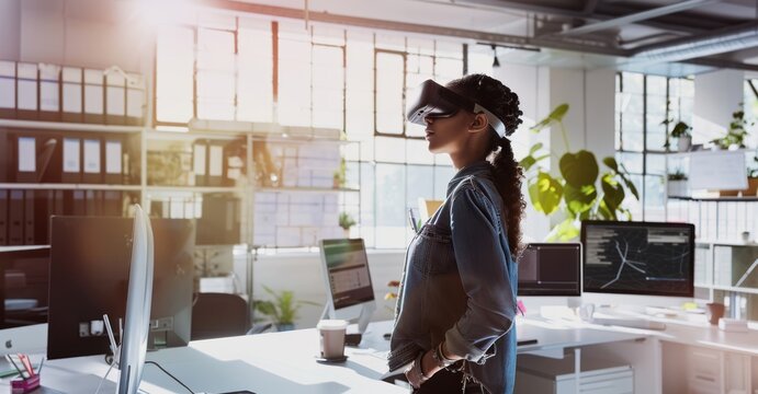 Portrait of innovative entrepreneur in tech-infused office, morning light