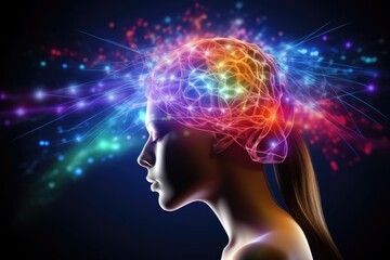 Fototapeta premium brain with colorful smoke, color dust, Kaleidoscopic, Vivid 3D Rendering and Creative illustration of human brain, plasticity, brain waves, thoughtful, thoughts, colorful, learning, neural, color bomb