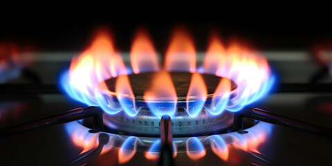 Close up shot of blue fire from domestic kitchen stove top. Gas cooker with burning flames of propane gas. Gas supply chain and news. Global gas crisis and price rise