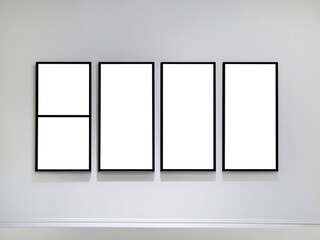 Five transparent cutout vertical and rectangular picture frames hanging on white wall, Wall art...