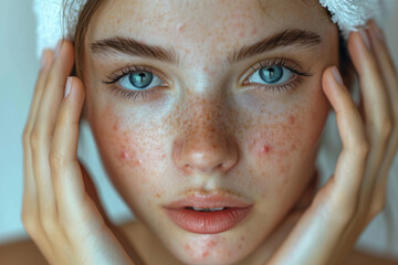 Young woman with acne problem on light background with space for text, close-up. Acne, pimples, hormonal failure, menstruation, acne treatment, squeeze out pimples, cosmetology - obrazy, fototapety, plakaty