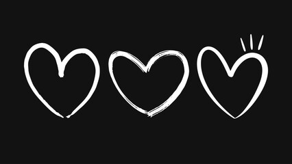Hand drawn heart icons on black background. Vector hearts in hand drawn style. 