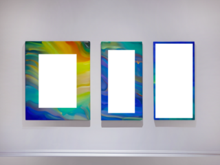 Three transparent cutout vertical picture frames hanging on white wall, Wall art mockup set of 3 posters, blank space frame modern interior style, minimalist