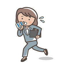 ゼリー飲料を飲みながら急いで走る女性ビジネスマンのイラスト