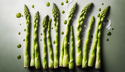 Fresh asparagus with water splashes and drops on black background