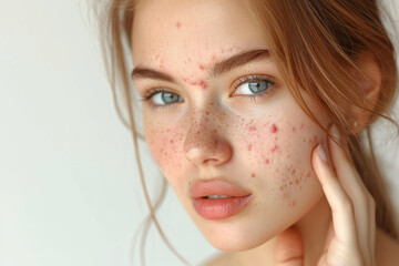 Young woman with acne problem on light background with space for text, close-up. Acne, pimples, hormonal failure, menstruation, acne treatment, squeeze out pimples, cosmetology - obrazy, fototapety, plakaty