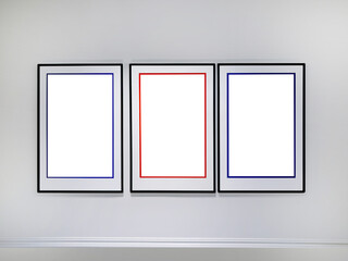 Three transparent cutout vertical picture frames hanging on white wall, Wall art mockup set of 3 posters, blank space frame modern interior style, minimalist
