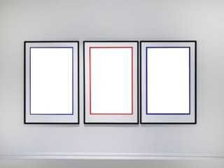 Three transparent cutout vertical picture frames hanging on white wall, Wall art mockup set of 3 posters, blank space frame modern interior style, minimalist