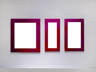 Three transparent cutout vertical picture frames hanging on white wall, Wall art mockup set of 3 posters, blank space frame modern interior style, minimalist