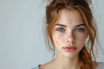 A young woman with acne problem on a light background with a space for text, close-up. Acne, pimples, hormonal failure, menstruation, acne treatment, squeeze out pimples, cosmetology