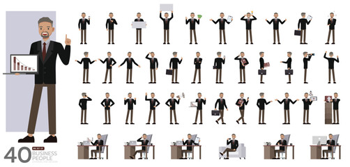 Big Set of office man wear black suit and red tie character vector design. Presentation in various action. People working in office planning, thinking and economic analysis.