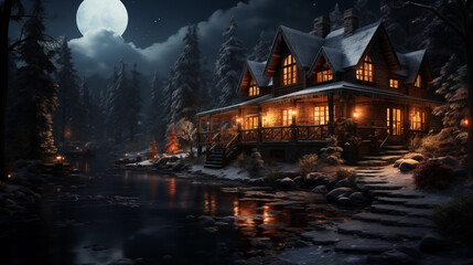 A cozy cabin with glowing windows stands by a moonlit, snowy forest, casting warm reflections on a serene, dark lake under a starry night - Powered by Adobe