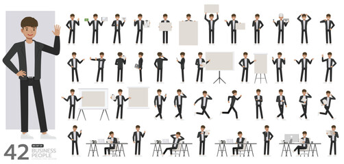 Big Set of office man wear black suit character vector design. Presentation in various action. People working in office planning, thinking and economic analysis.