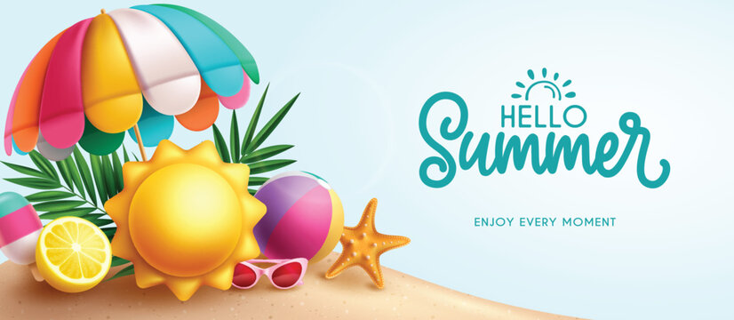 Summer hello greeting vector banner design. Hello summer greeting text with umbrella, sun, beachball and starfish beach elements in seaside background. Vector illustration summer greeting banner. 
