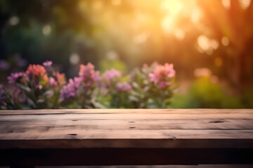 Empty rustic wooden table in front of beautiful flower garden in the sunset with blurry background....