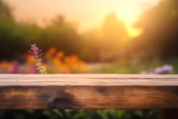 Empty rustic wooden table in front of beautiful flower garden in the sunset with blurry background. Product placement podium.