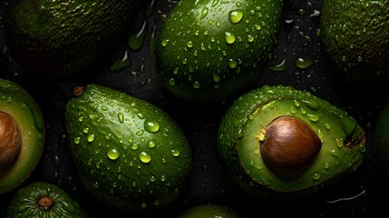 Fresh avocados with water splashes and drops on black background