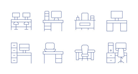 Desk icons. Editable stroke. Containing coworking, workspace, table, desk, workplace.