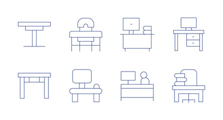 Desk icons. Editable stroke. Containing table, desk, office, workspace.