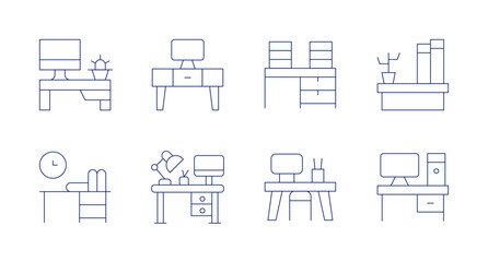 Fototapeta na wymiar Desk icons. Editable stroke. Containing office, workplace, desk, workdesk, shelf.