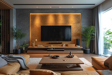 Minimalist style interior design of modern living room with tv, high resolution , high quality - obrazy, fototapety, plakaty