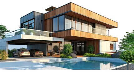 3d rendering of modern house by the river at morning, house, luxury, villa, modern, architecture, building, exterior, residential, property, designer