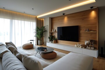 Fototapeta premium Minimalist style interior design of modern living room with tv
