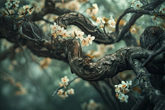 Ultra realistic photo of gnarled oak branches bedecked with fragrant blossoms, atmospheric, cinematic, high definition, depth of field, 8K, in the style of a kodak portrait 