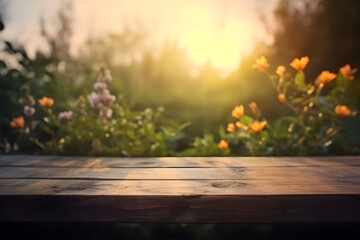 Naklejka na ściany i meble Empty rustic wooden table in front of beautiful flower garden in the sunset with blurry background. Product placement podium.