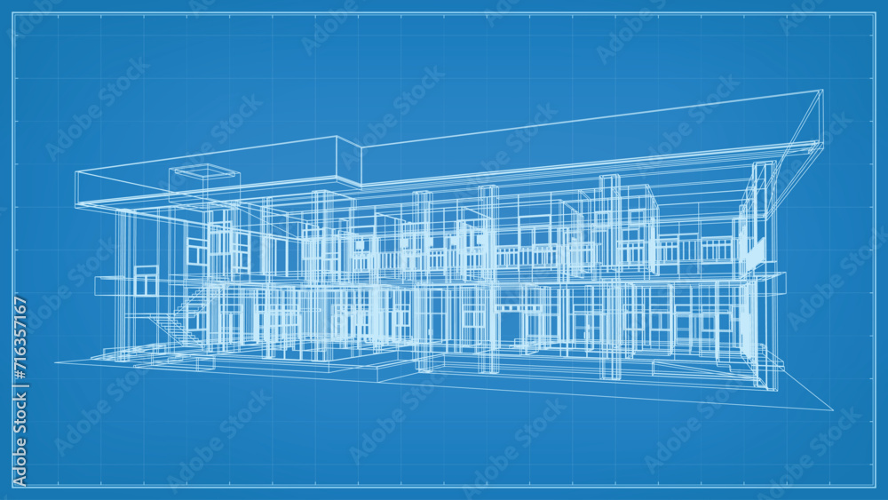 Wall mural 3d perspective render of wireframe architectural construction. 3d building wireframe. vector illustr