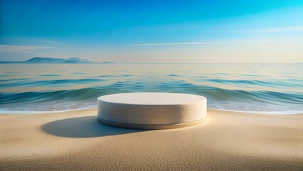 Obraz na płótnie Canvas photorealistic shot of a minimalist and sea with beach background with empty product podium