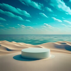 Fototapeta na wymiar photorealistic shot of a minimalist and sea with beach background with empty product podium